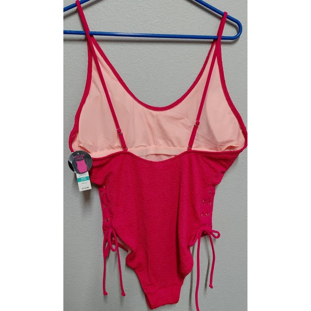 No Boundaries Women's XL 15-17 Pink High Leg One Piece Swimsuit Lace Up NWT